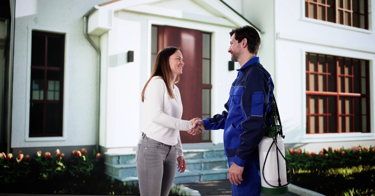 Homeowner shaking pest control tech's hand